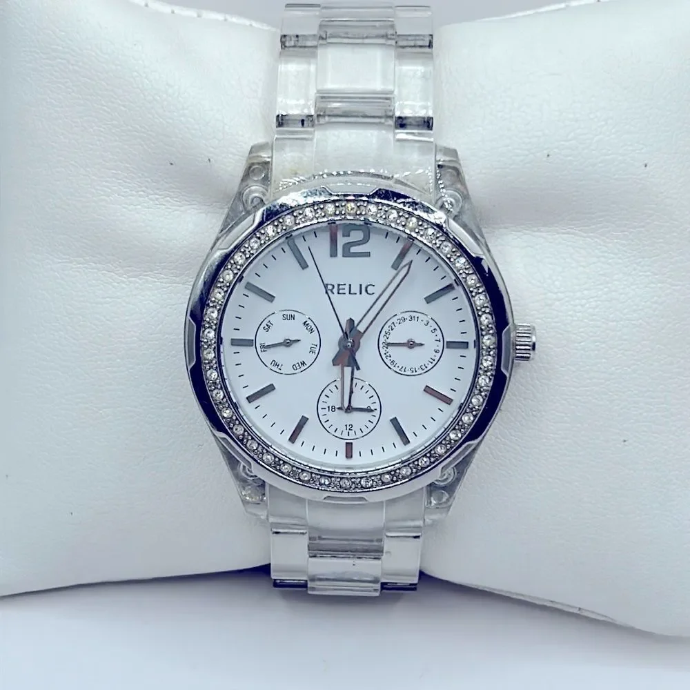 Working! Relic Rhinestone Bezel Clear Plastic Band Ladies Watch
